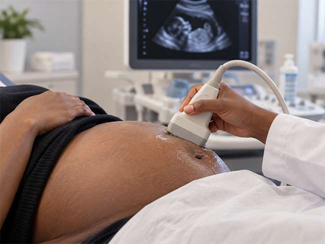 Black woman receiving a limited obstetric ultrasound